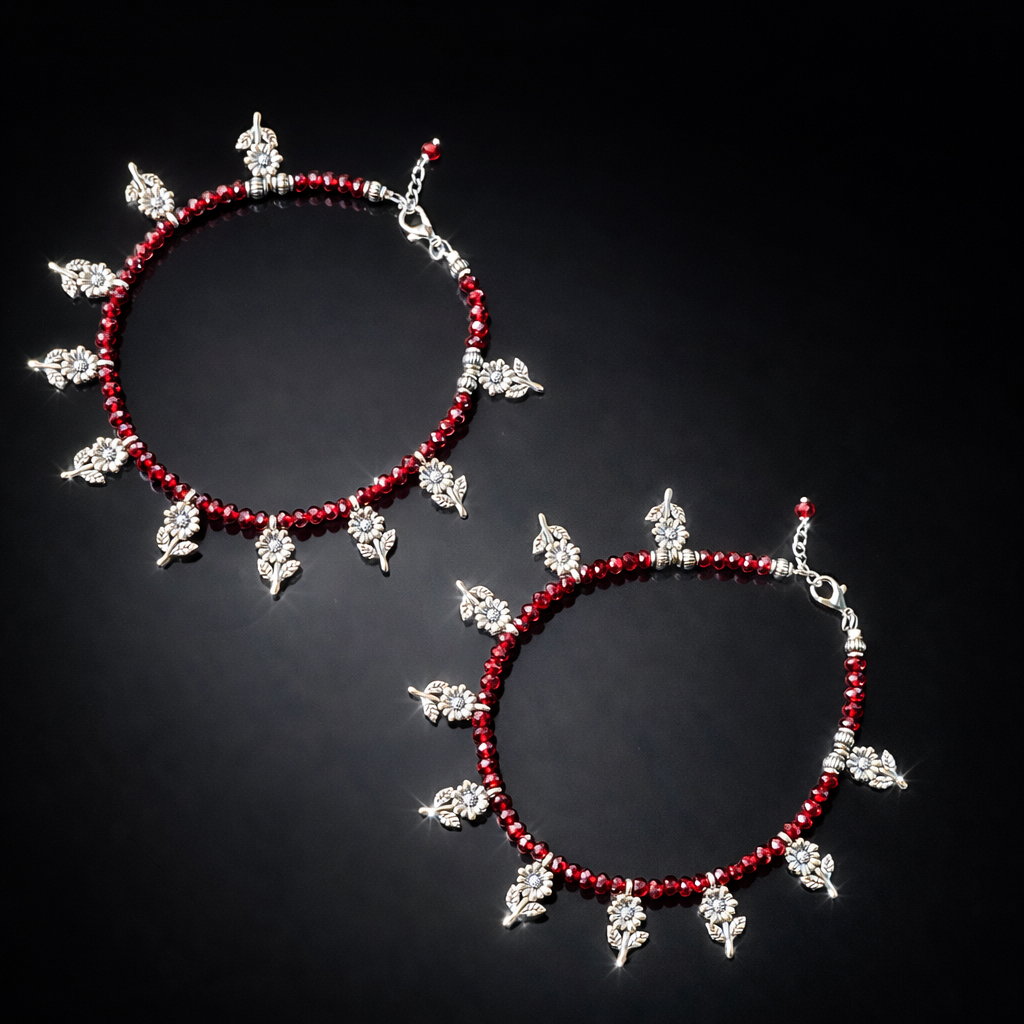 Jevaya Silver Floral Charm Maroon Beaded Anklet for Women & Girls