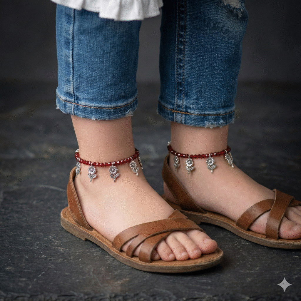 Jevaya Maroon Crystal Floral Charm Anklet for Kids Girls