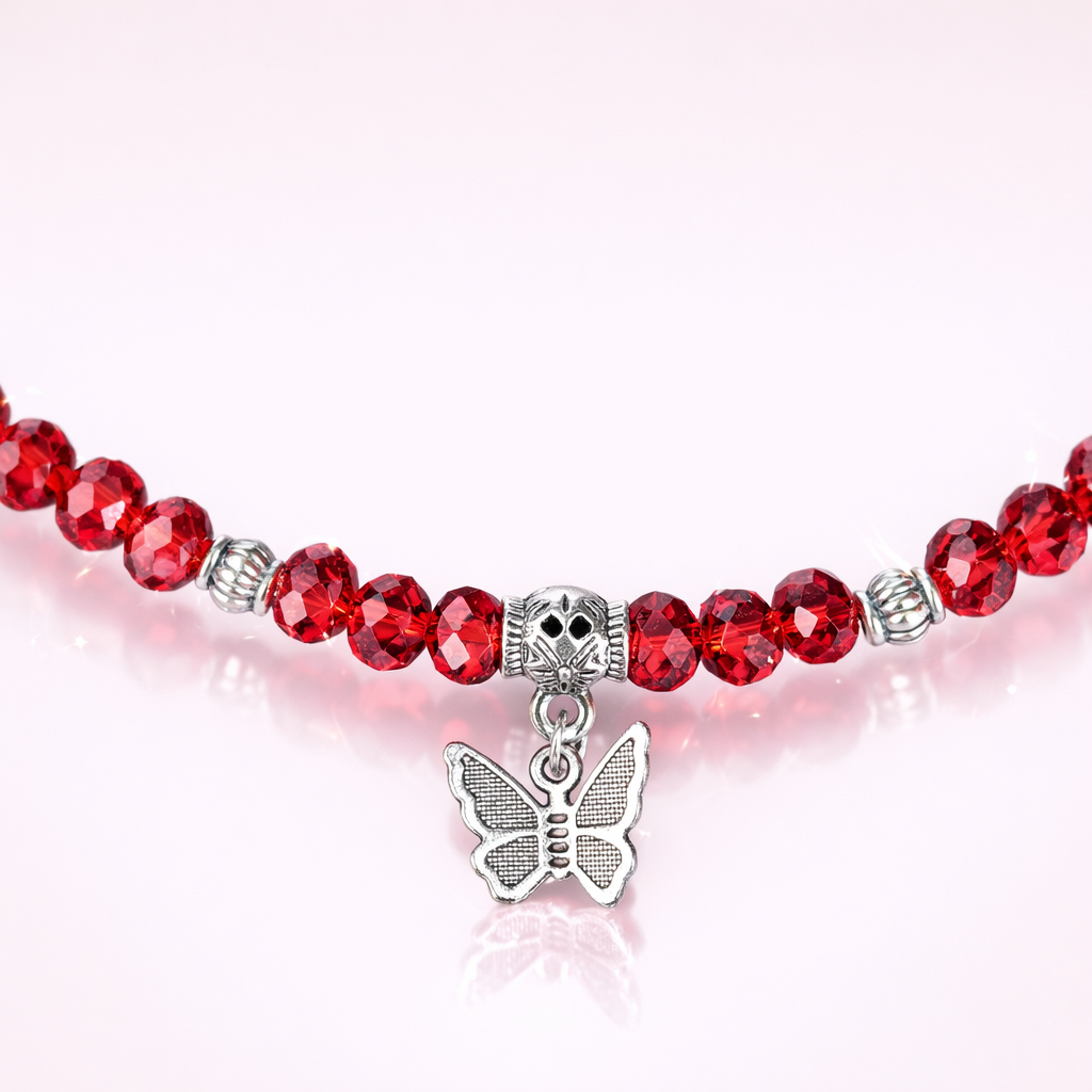 Jevaya Elegant Red Crystal Beaded Anklet with Silver Butterfly Charm – Adjustable Women’s Fashion Payal - Image 4