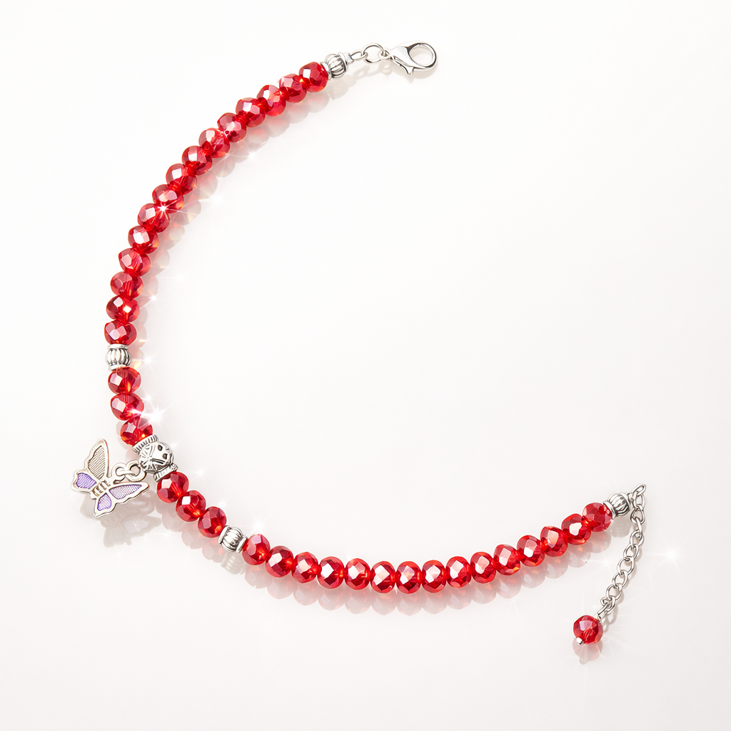 Jevaya Elegant Red Crystal Beaded Anklet with Silver Butterfly Charm – Adjustable Women’s Fashion Payal - Image 3