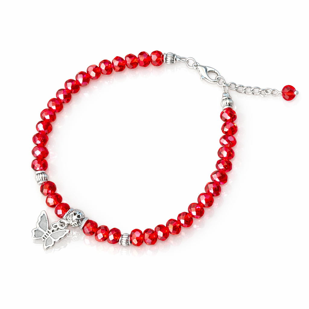 Jevaya Elegant Red Crystal Beaded Anklet with Silver Butterfly Charm – Adjustable Women’s Fashion Payal