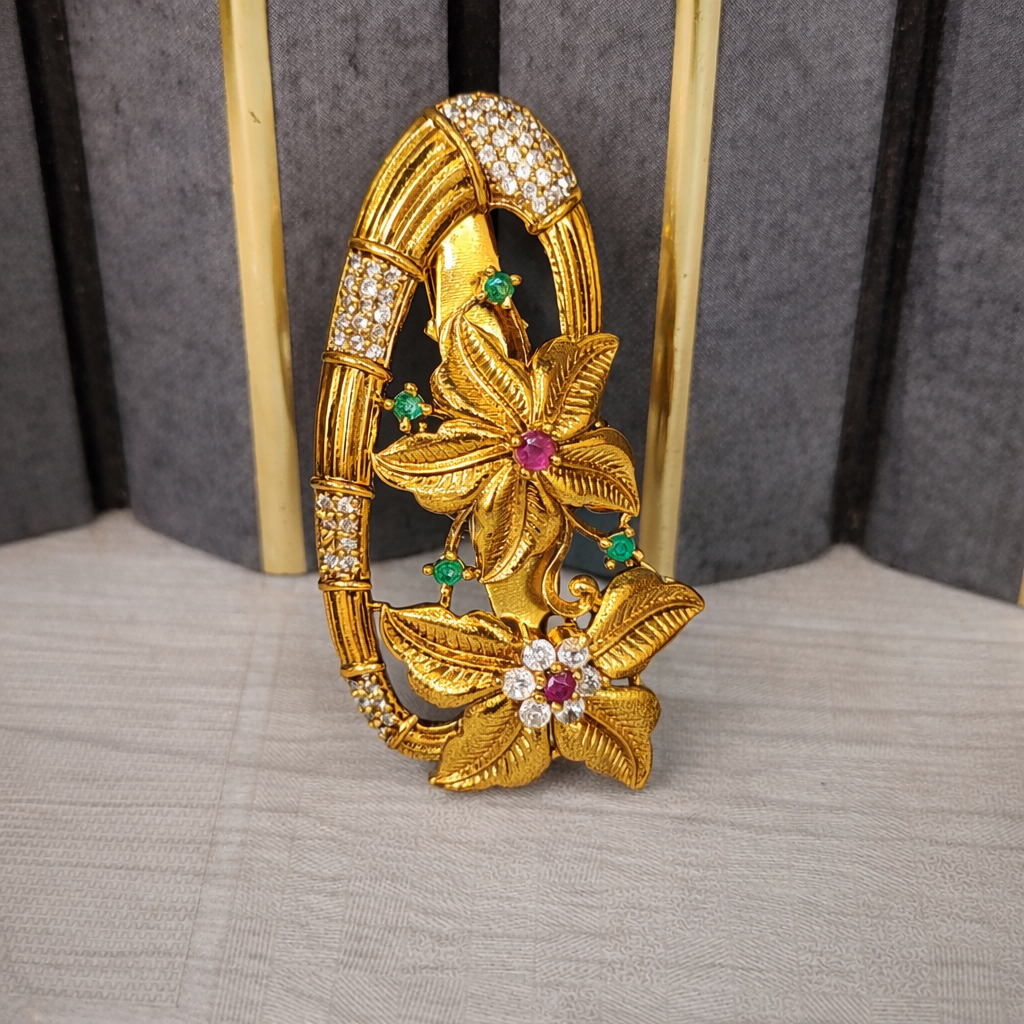 Jevaya Antique Gold CZ Floral Saree Pin Brooch