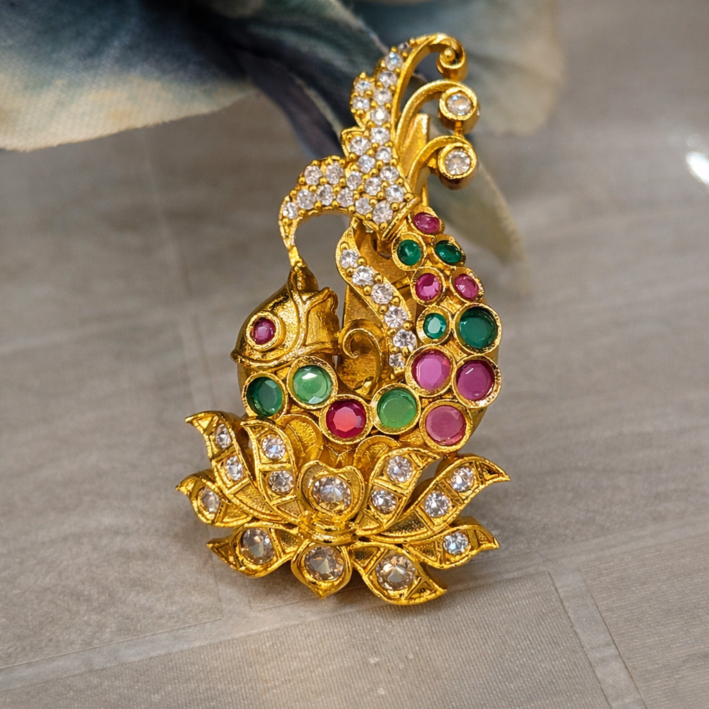 Jevaya Antique Gold Fish & Lotus Saree Pin Brooch