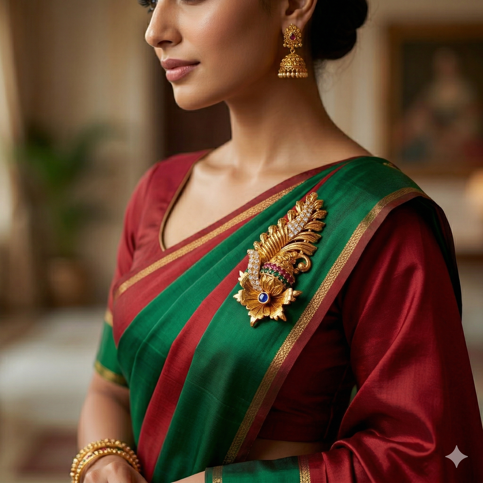 Antique Gold Peacock Feather Saree Pin with Multicolor Stones & CZ Accents - Image 2