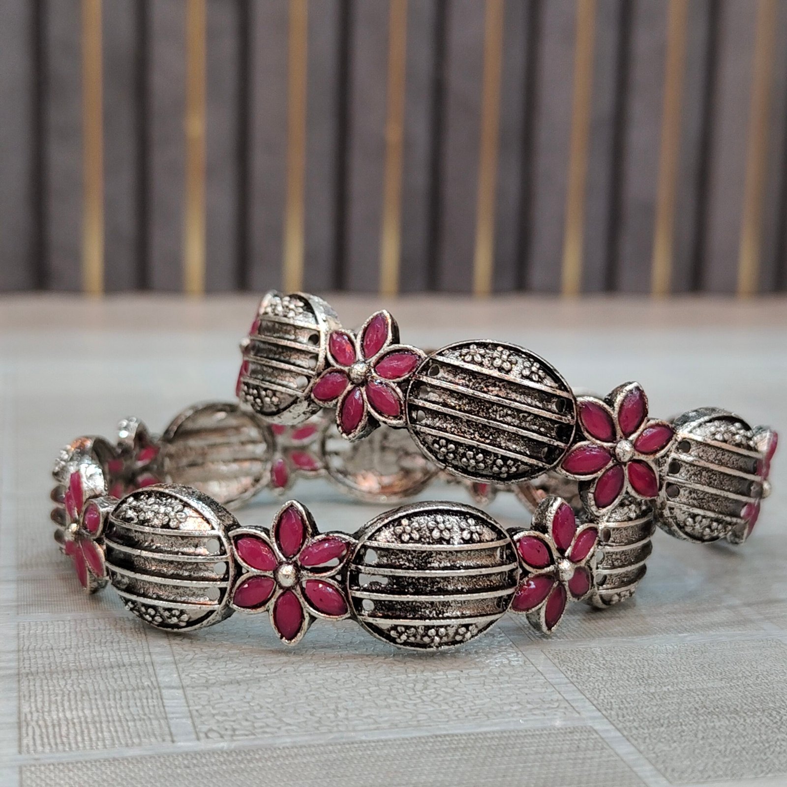 Antique Silver Floral Stone Bangles with Pink Petal Design