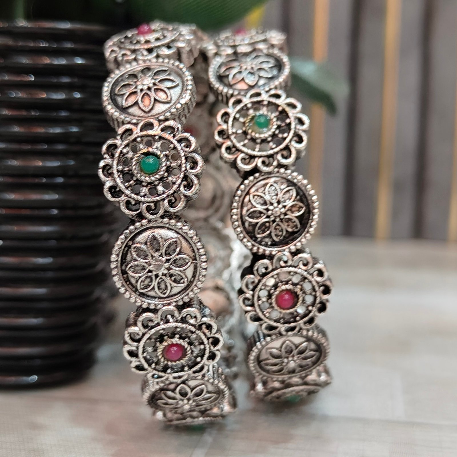 Antique Oxidized Silver Floral Round Motif Bangles with Red & Green Stone Accents