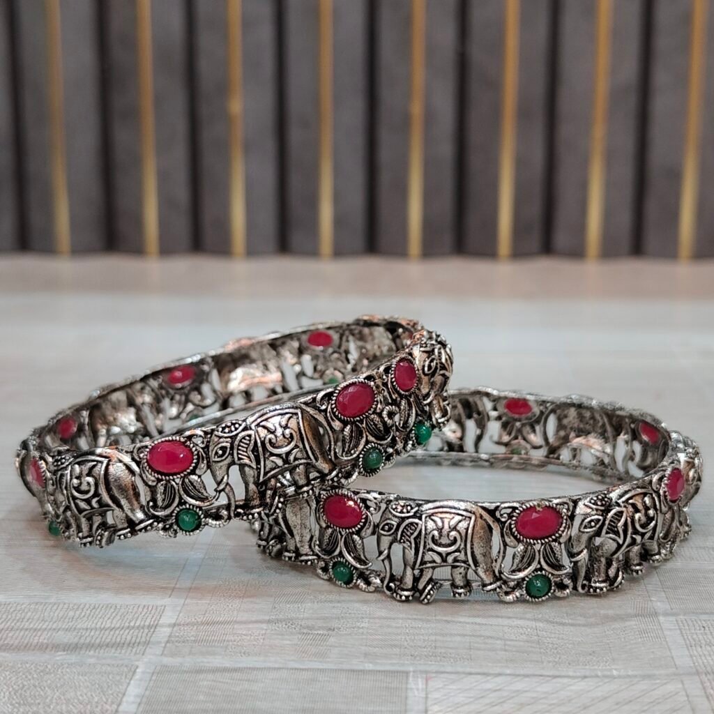 Antique Silver Elephant Motif Bangle with Red & Green Stone Accents(Size-24,26,28)