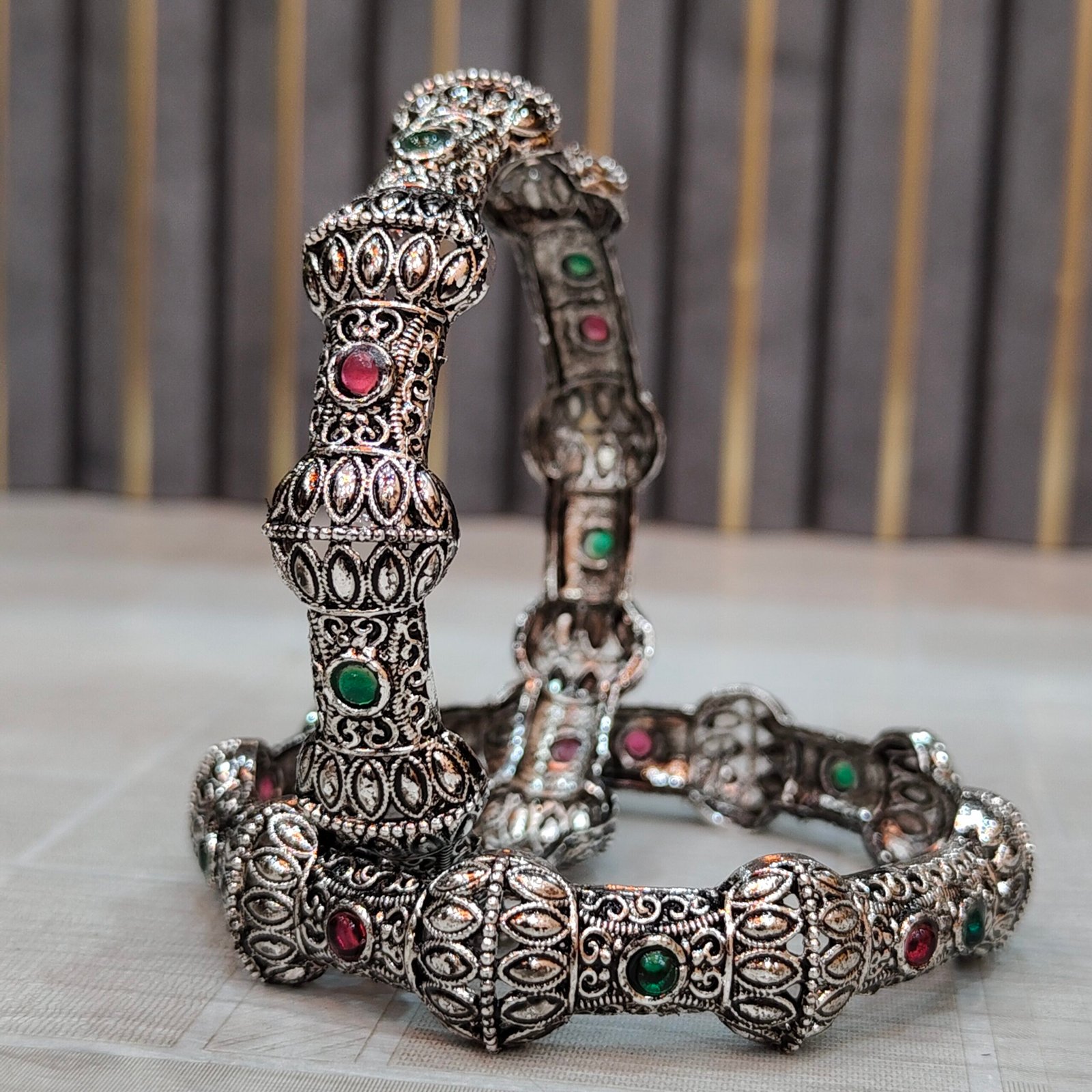 Antique Oxidised Silver Dome Design Bangles with Red & Green Stone Accents - Image 2