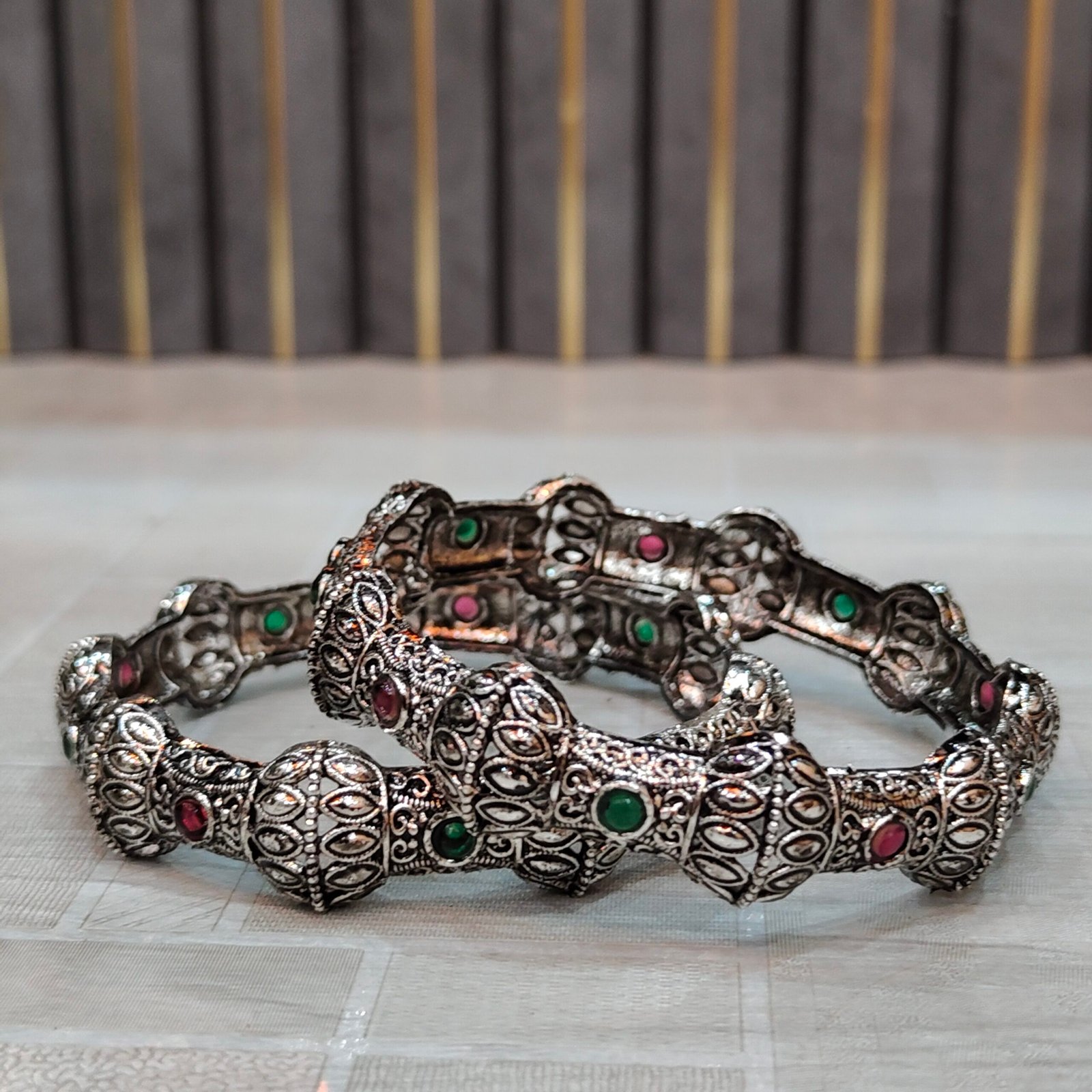 Antique Oxidised Silver Dome Design Bangles with Red & Green Stone Accents - Image 5