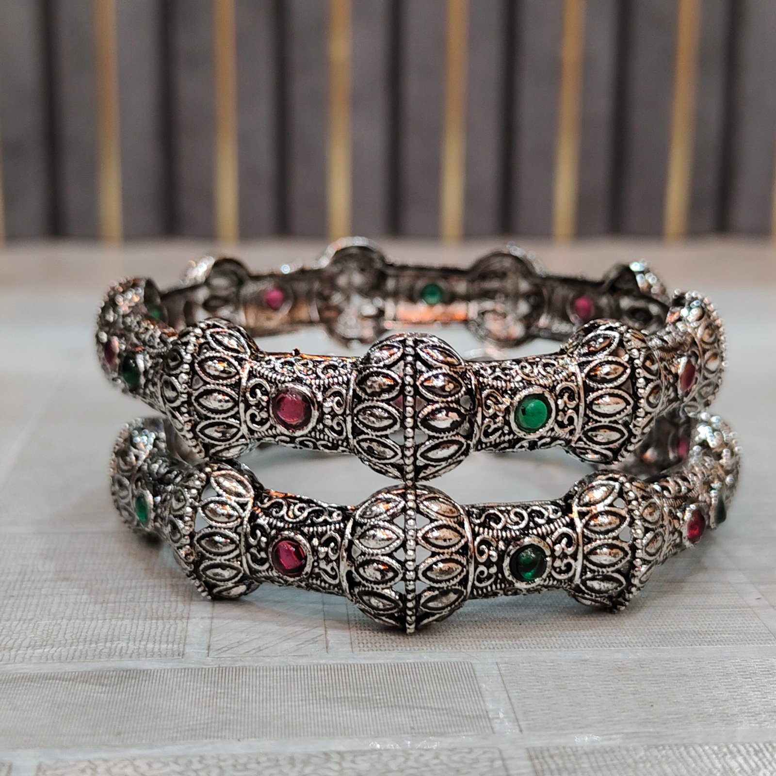 Antique Oxidised Silver Dome Design Bangles with Red & Green Stone Accents - Image 3