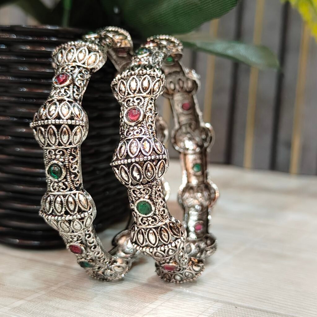 Antique Oxidised Silver Dome Design Bangles with Red & Green Stone Accents
