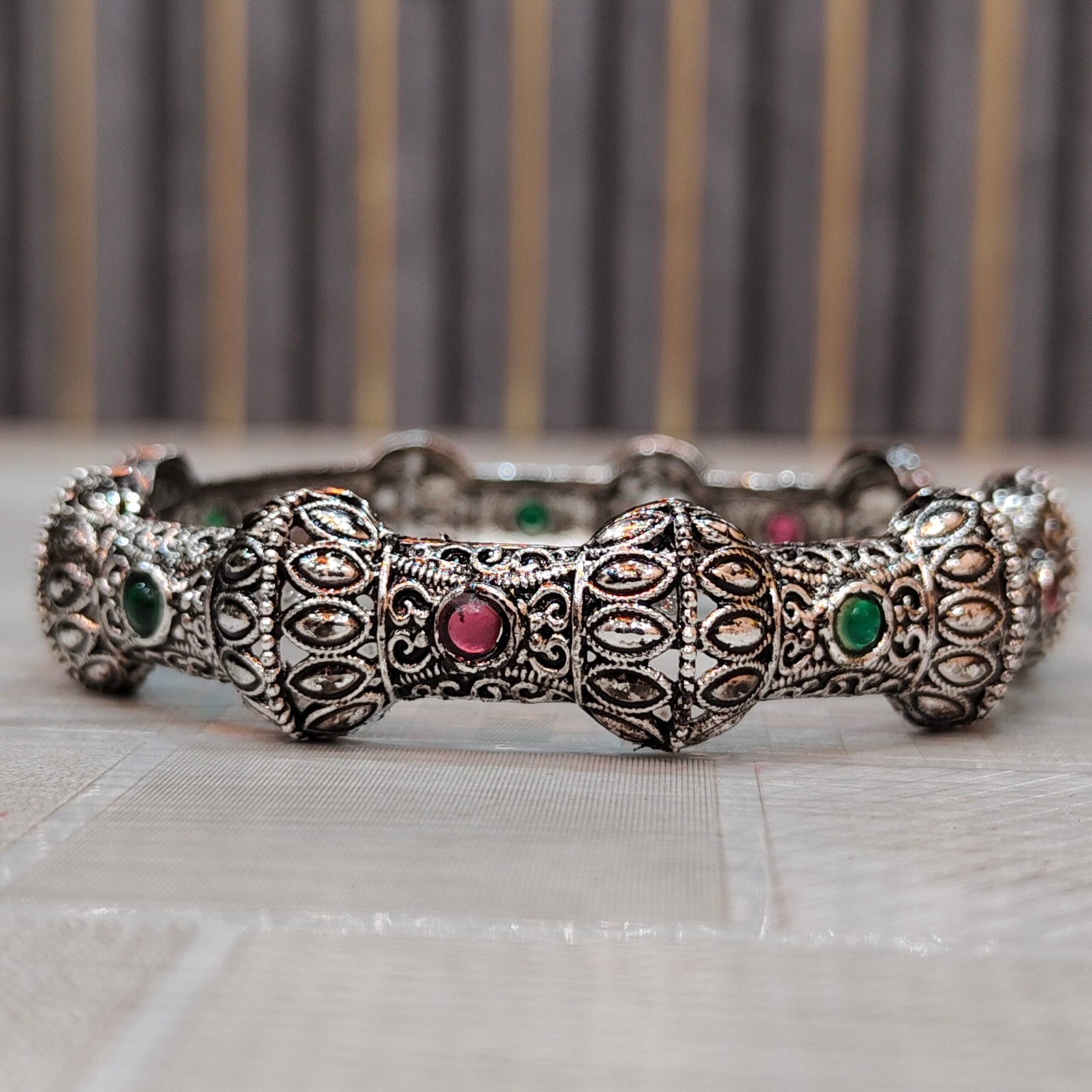 Antique Oxidised Silver Dome Design Bangles with Red & Green Stone Accents - Image 4
