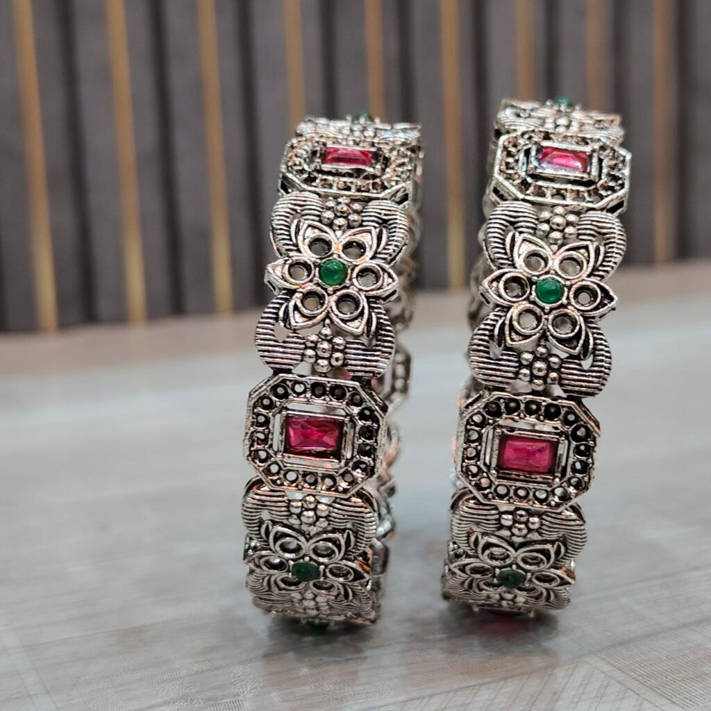 Antique Oxidized Silver Floral & Geometric Stone Bangles with Red & Green Accents
