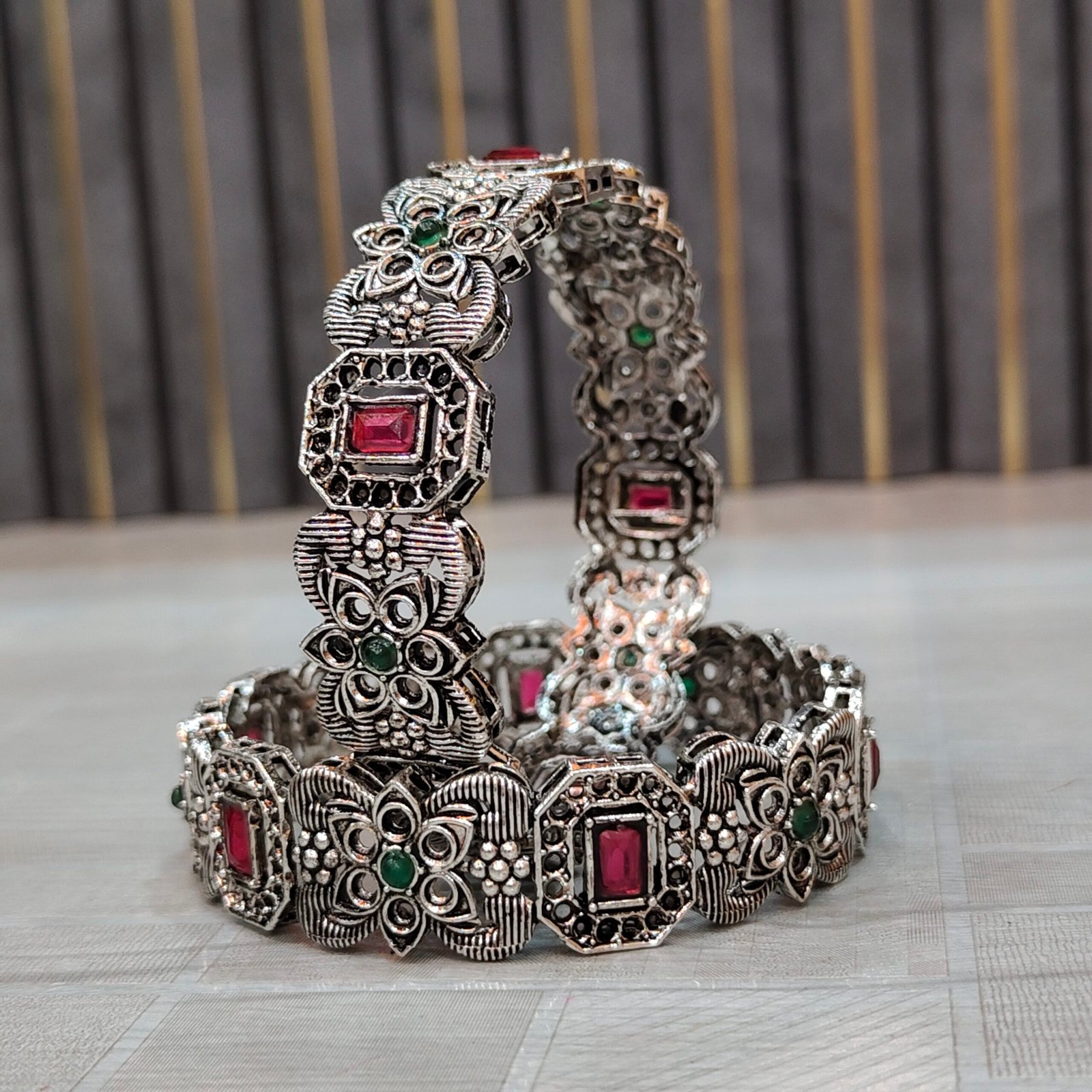 Antique Oxidized Silver Floral & Geometric Stone Bangles with Red & Green Accents - Image 2