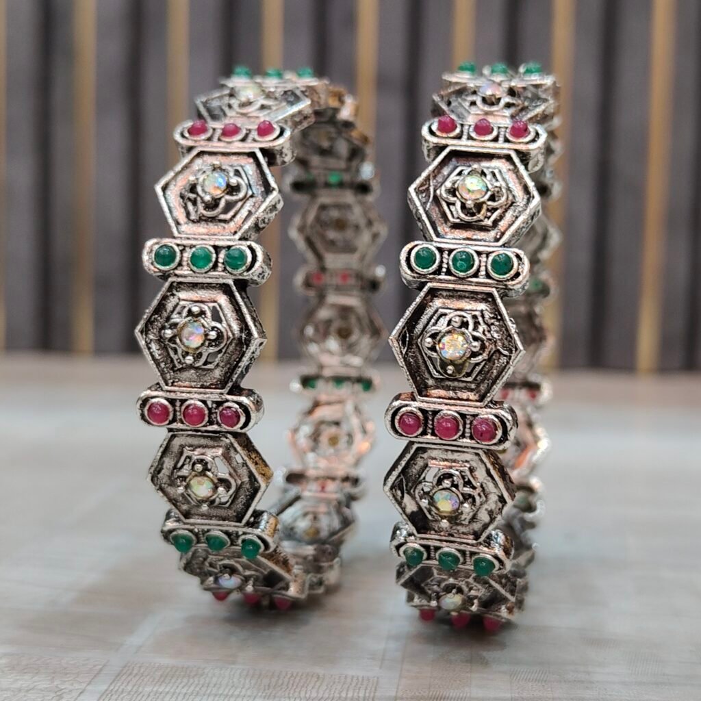 Antique Oxidized Silver Hexagon Design Bangles