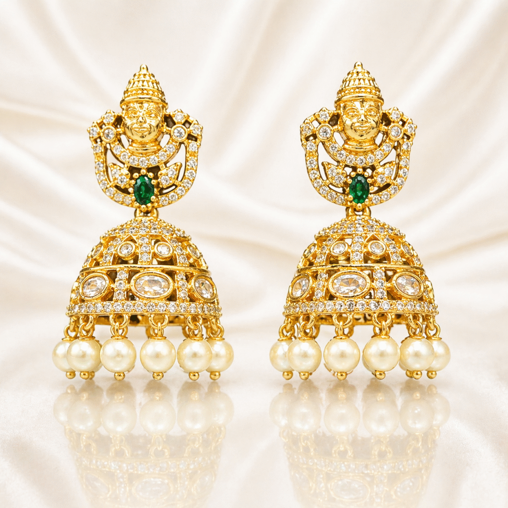 Traditional Temple Design Gold-Plated Lakshmi Jhumka Earrings with Pearls & Green Stone for Women