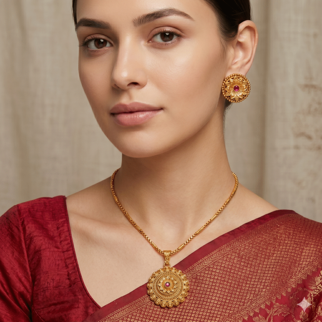 Gold Plated Pendant Chain with Floral Stud Earrings Set