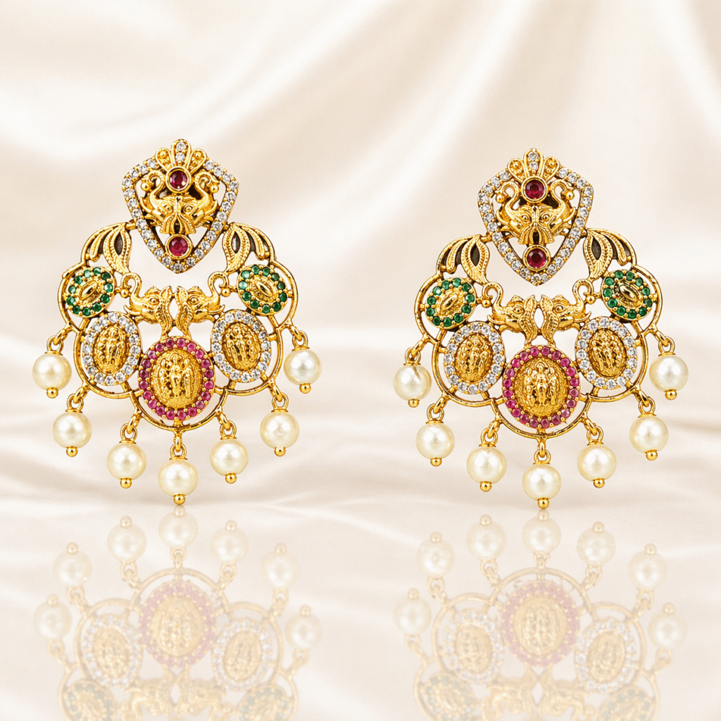 Royal Temple Chandbali Gold-Plated Pearl Earrings for Women | Lakshmi Designer Ethnic Statement Earrings