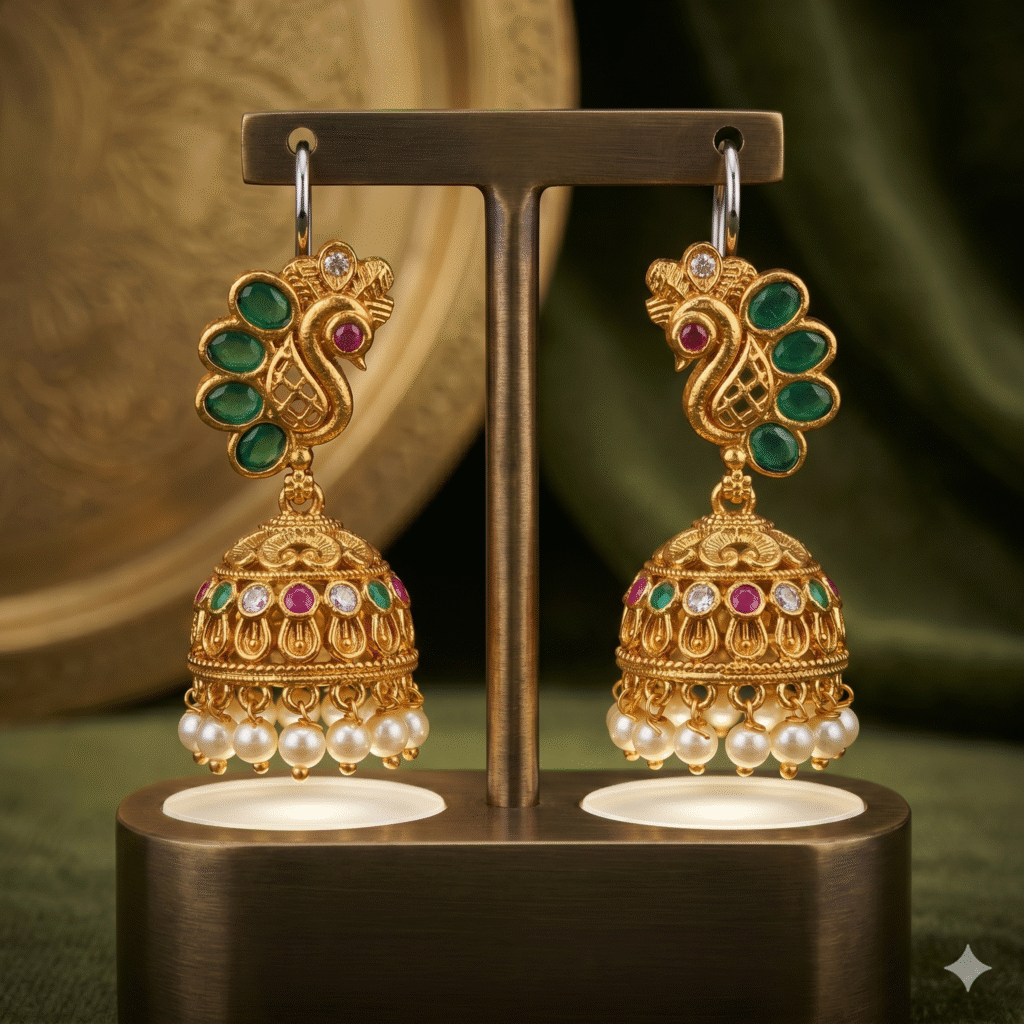 Peacock Design Gold Plated Pearl Jhumka
