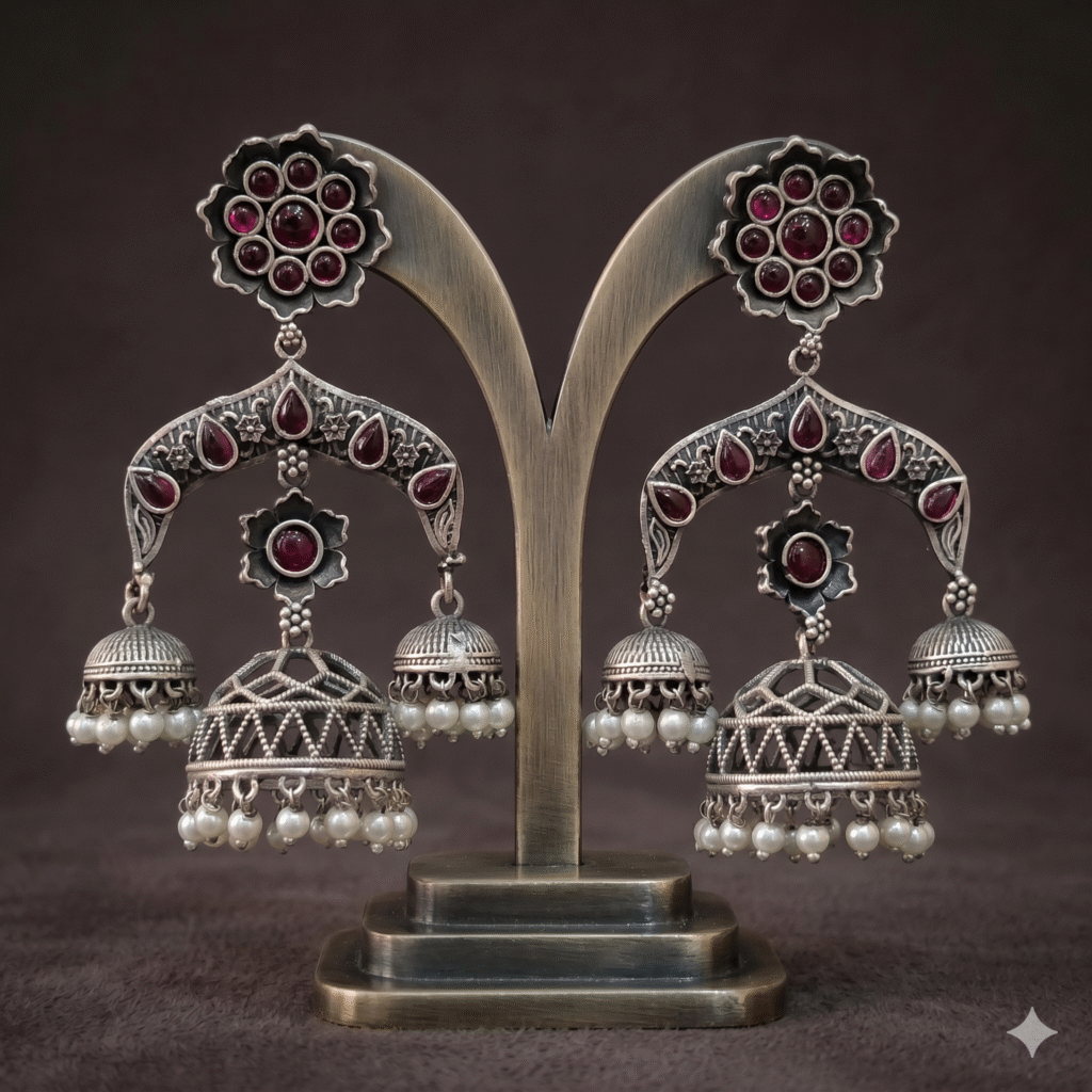 Vintage Silver Replica Pearl Jhumka Earrings