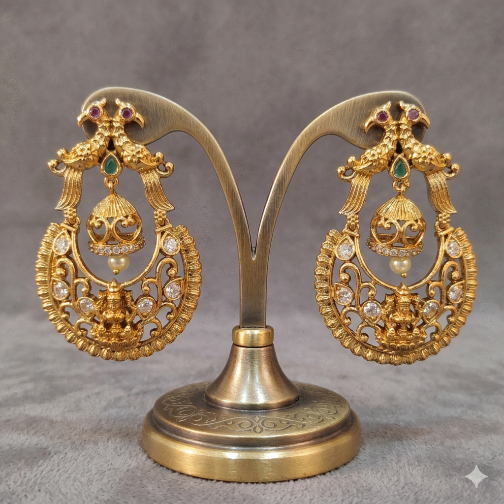 Antique Gold-Plated Temple Peacock Chandbali Earrings