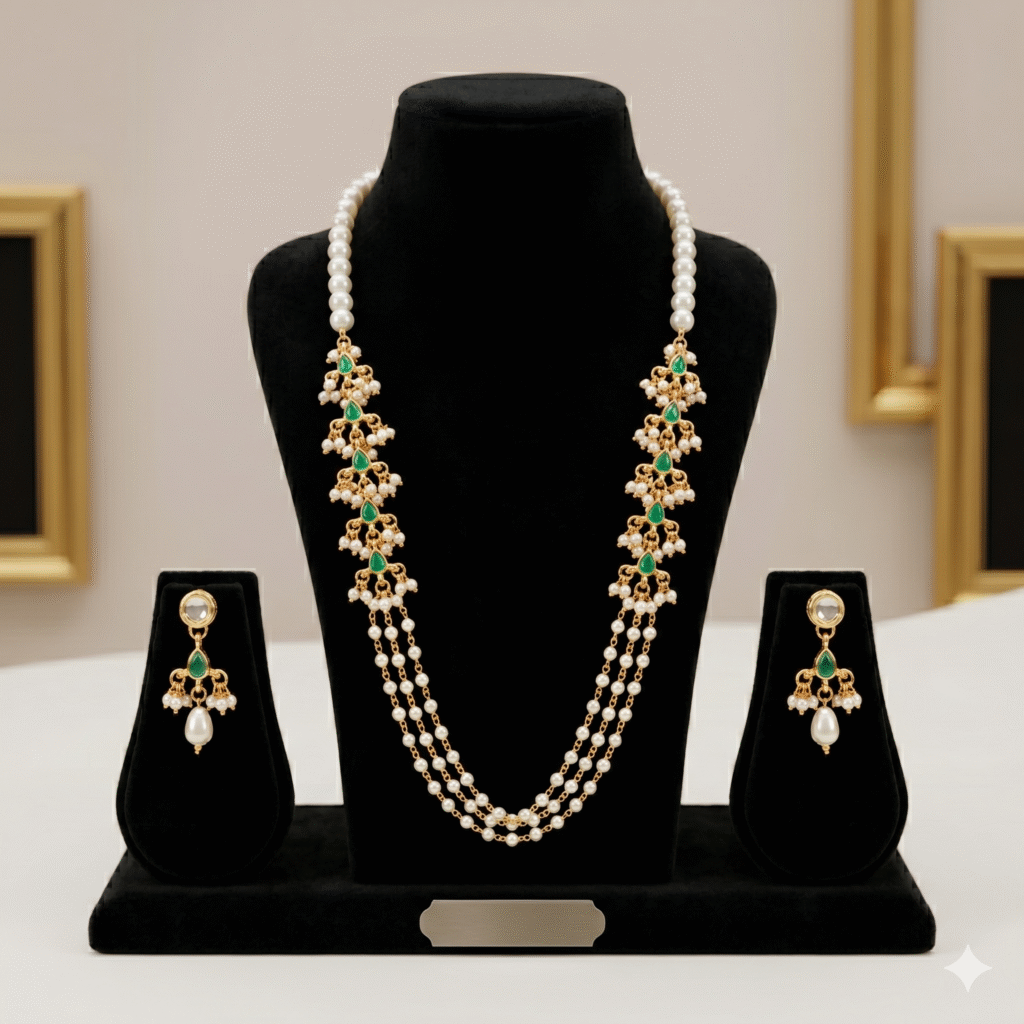 Elegant Green Kundan Pearl Long Haram Necklace Set