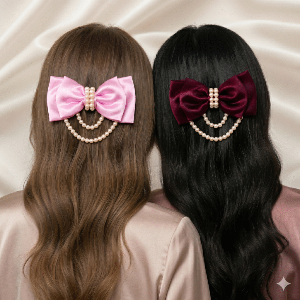 Satin Pearl Chain Bow Hair Clip for Women & Girls
